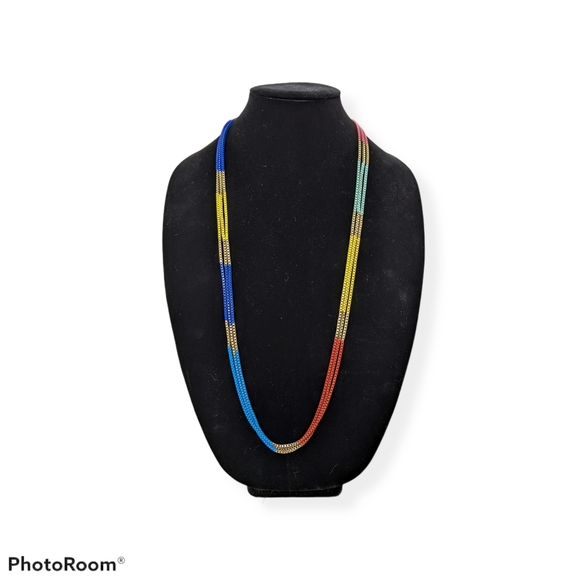 Necklace Long Multistrand Multicolor Box Chain Gold Blue Yellow Red Pink - Picture 2 of 5